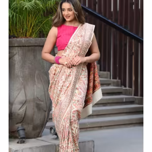 Beige Modal Silk Woven Saree with Unstitched Blouse
