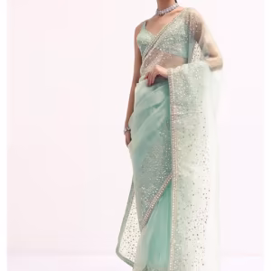 Sky Blue Embroidered Sequined Tissue Saree with Unstitched Blouse