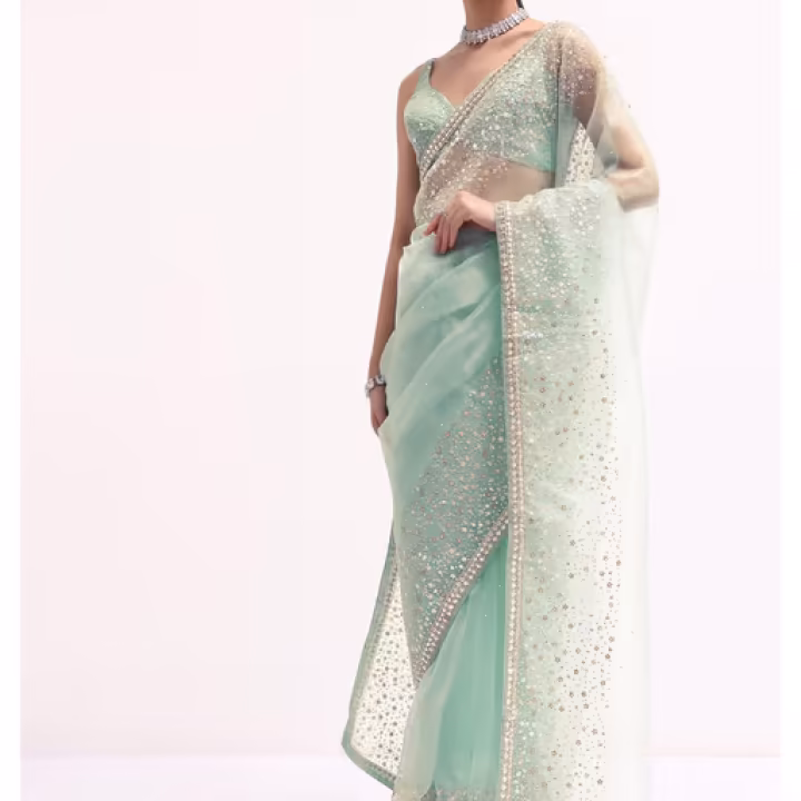 Sky Blue Embroidered Sequined Tissue Saree with Unstitched Blouse