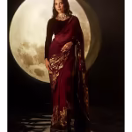 Aaina Maroon Floral Foil Printed Organza Saree with Unstitched Blouse