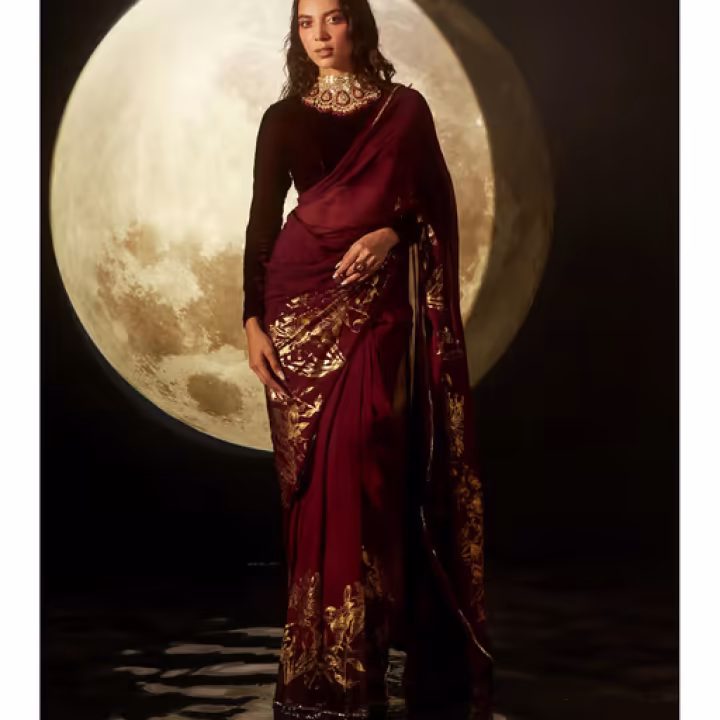 Aaina Maroon Floral Foil Printed Organza Saree with Unstitched Blouse