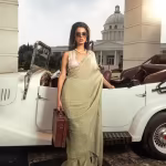 Ayra Olive Floral Printed Organza Saree with Unstitched Blouse