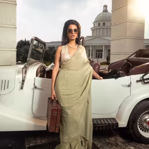 Ayra Olive Floral Printed Organza Saree with Unstitched Blouse