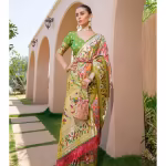 Peach & Green Zari Woven Design Pathani Silk Saree with Unstitched Blouse