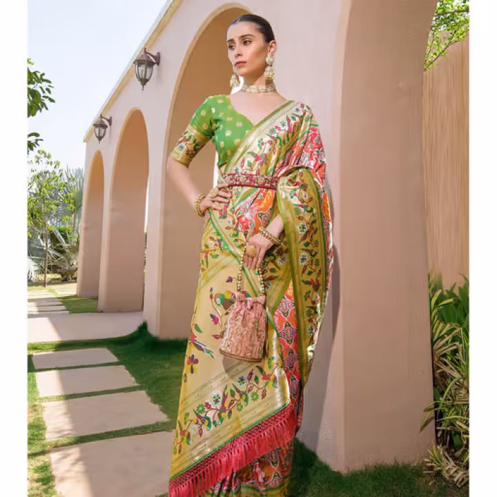 Peach & Green Zari Woven Design Pathani Silk Saree with Unstitched Blouse