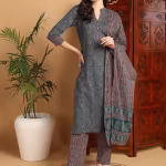 Women Teal Cotton Blend Ethnic Motifs Printed Kurta Trouser with Dupatta (Set of 3)