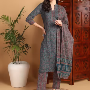 Women Teal Cotton Blend Ethnic Motifs Printed Kurta Trouser with Dupatta (Set of 3)
