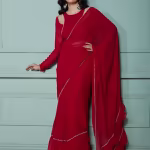Maple Red Pre-Draped Frilled Saree with Stitched Blouse and Petticoat