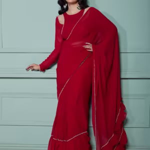 Maple Red Pre-Draped Frilled Saree with Stitched Blouse and Petticoat