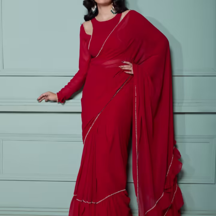 Maple Red Pre-Draped Frilled Saree with Stitched Blouse and Petticoat