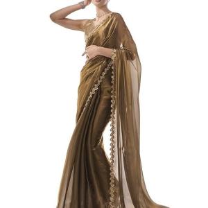 Women’s Organza Lightweight Lace Work Saree With Art Silk Sequence Work Golden Unstitched Blouse Piece