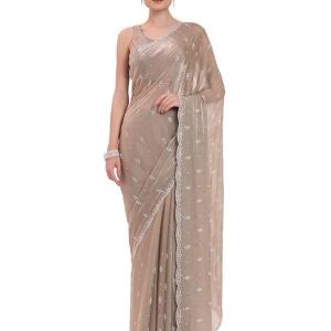Women’s Beige Organza Crushed Siroski Work Embellished Border Saree With Unstitched Blouse