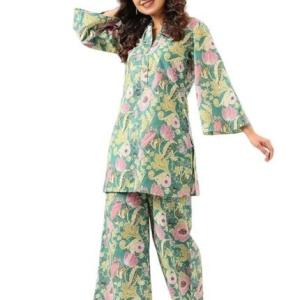 Women’s Trendy Printed Cotton Blend Straight Light Green Color Kurta and Palazzo Set
