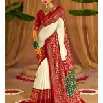 Cultured Pearl White Embroidery Chikankari Patola Handloom Saree without Blouse