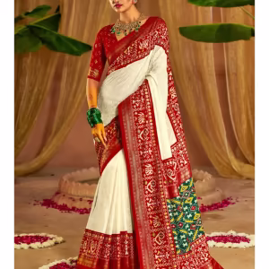 Cultured Pearl White Embroidery Chikankari Patola Handloom Saree without Blouse