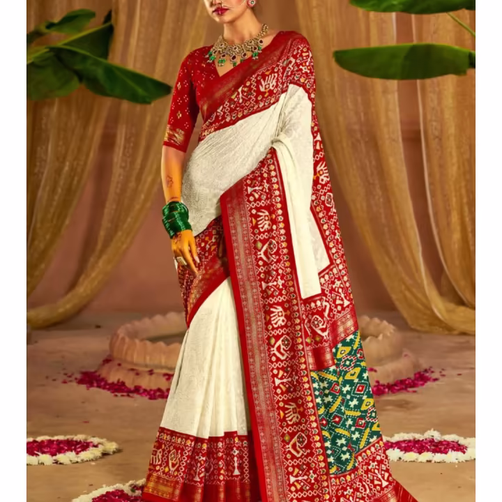 Cultured Pearl White Embroidery Chikankari Patola Handloom Saree without Blouse