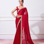 Women’s Satin Chiffon All Over Fix Diamond With Lace Work Saree With Matching Unstitched Blouse Piece