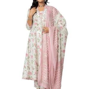 Women’s Cotton Printed Anarkali Kurta with Palazzo Pants and Dupatta