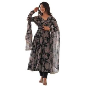 Women’s Heavy Pure Soft Georgette Anarkali V-neck Long Sleeve Kurti With Matching Pant and Digital Printed Work Heavy Matching Dupatta Set.