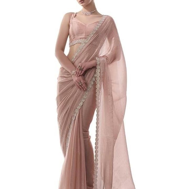 Women’s Chiffon All Over Fix Diamond & Lace Work Saree With Art Silk Matching Unstitched Blouse Piece