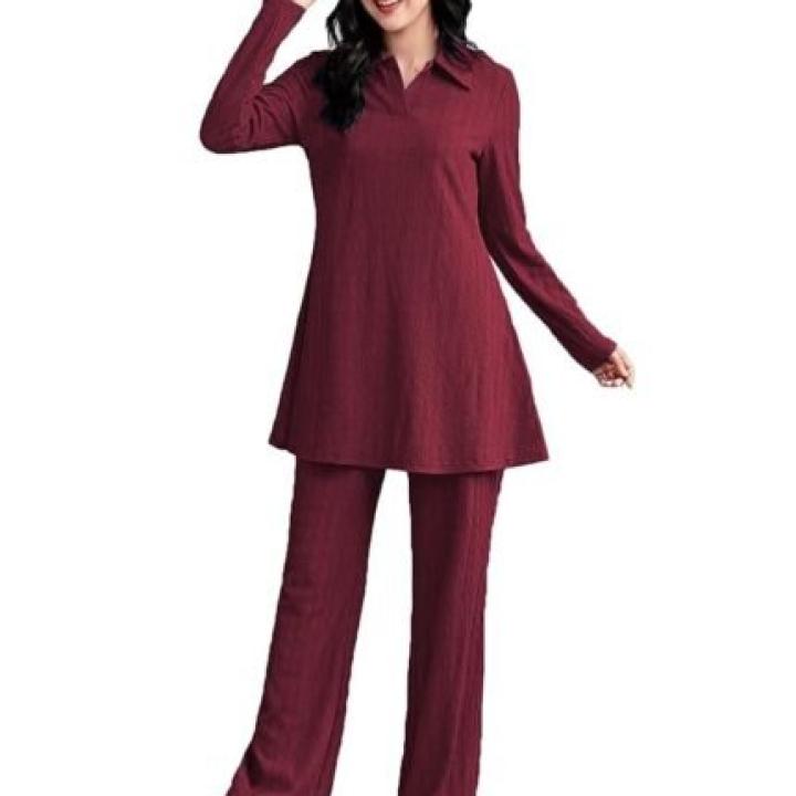 Women’s Solid Color Two-Piece Set | Long Sleeve Top & Wide Leg Pants Co-ord Set