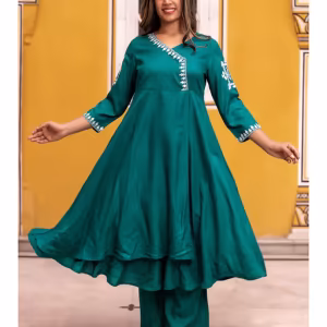 Green Printed Ethnic Kurta with intricate Mirror Embroidery (Set of 2)