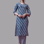 Women’s Blue Cotton Round Neck A-Line Kurta with Pant (Set of 2)