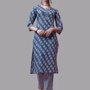 Women’s Blue Cotton Round Neck A-Line Kurta with Pant (Set of 2)
