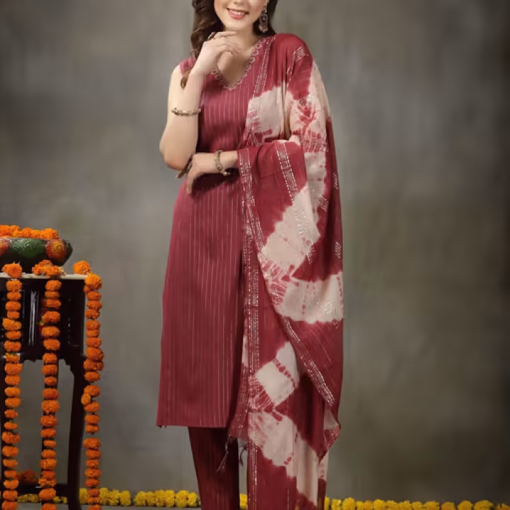 Womens Woven Designed Cotton Blend Straight Kurta with Pant & Dupatta (Set of 3)