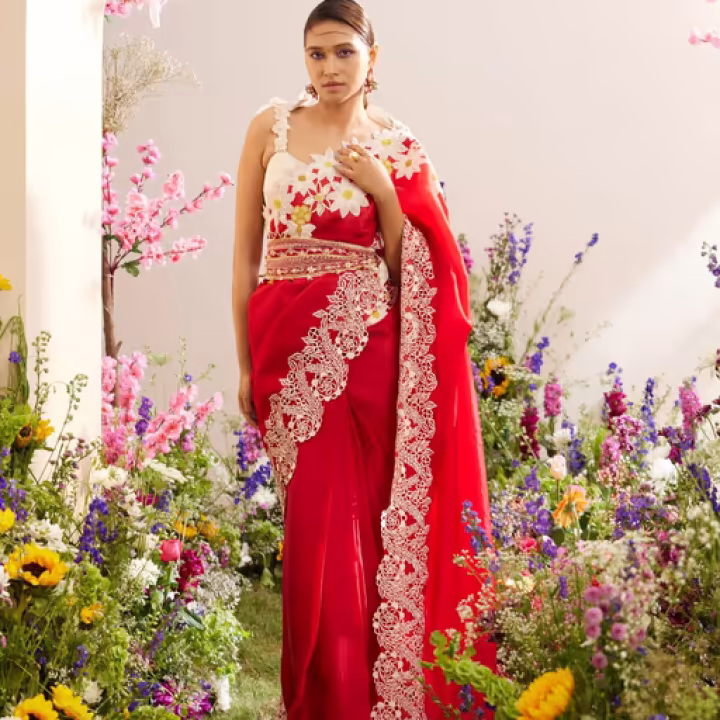 Red Organza Applique Saree with Unstitched Blouse