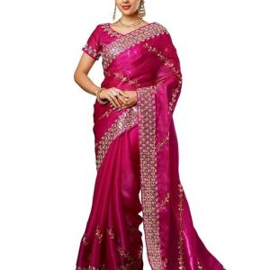 Women’s Tissue Silk Sequence Embroidery Scalloped Border Saree With Unstitched Blouse Piece