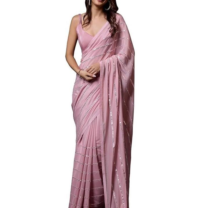 Women’s Silk Sequins Embroidery Stripted Saree with Blouse Piece