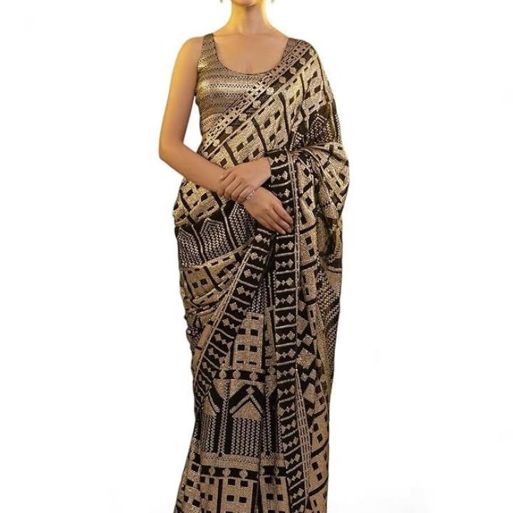 Women’s Black Sequins Work Heavy Georgette Saree with Blouse (1024-Black-Sequins-Designer-Saree-Latest, Black)