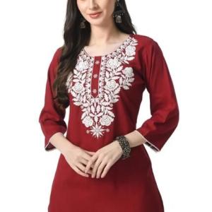 Kurti for Women – Short Chikankari Kurtis for Girls, Lakhnawi Tunic Top Kurta Design for Ladies, Woman Ethnic Kurthis & Shirt with Sleeve, Plain Straight Embroidery for Office