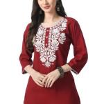 Kurti for Women – Short Chikankari Kurtis for Girls, Lakhnawi Tunic Top Kurta Design for Ladies, Woman Ethnic Kurthis & Shirt with Sleeve, Plain Straight Embroidery for Office