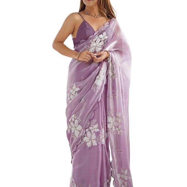 Women’s Shimmer Chiffon Sequence Embroidery Saree With Unstitched Blouse Piece