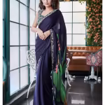 Navy Blue Elegant Chinon Crepe Saree with Unstitched Blouse