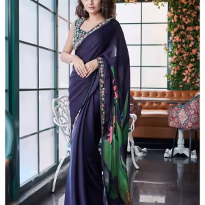 Navy Blue Elegant Chinon Crepe Saree with Unstitched Blouse