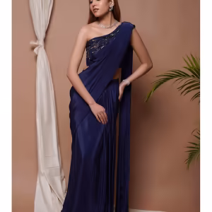 Navy Pre-Stitched Draped Saree with Stitched Blouse