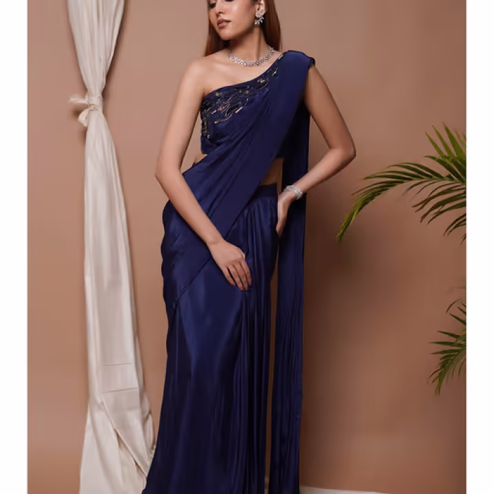 Navy Pre-Stitched Draped Saree with Stitched Blouse