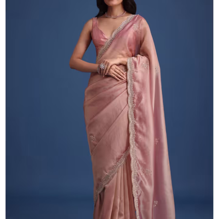 Pink Tissue Embellished Scallop Border Saree with Unstitched Blouse