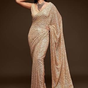 Women’s Sequins Work Heavy Georgette Saree With Unstitched Blouse Peice (Latest-Sequins-Party-Saree, Free, Many Colors)