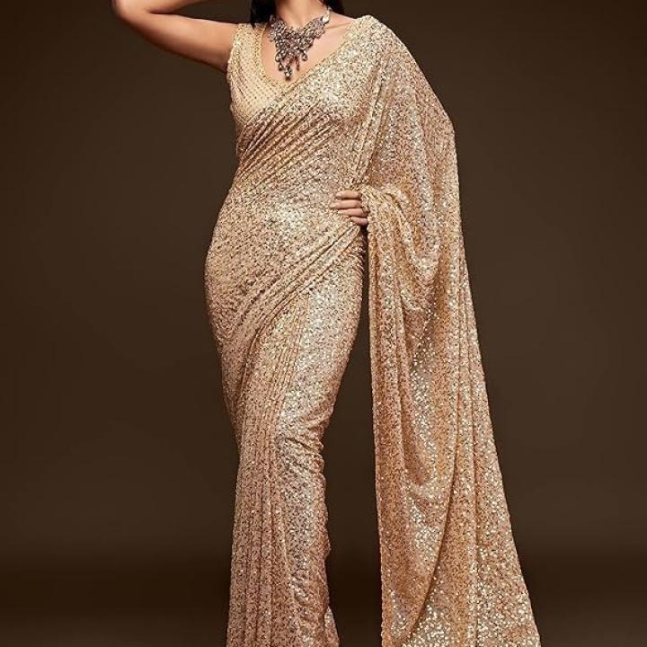 Women’s Sequins Work Heavy Georgette Saree With Unstitched Blouse Peice (Latest-Sequins-Party-Saree, Free, Many Colors)