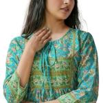 Polyester Women’s Floral Placement 3/4 Sleeve and Keyhole Neck Printed Short Kurti