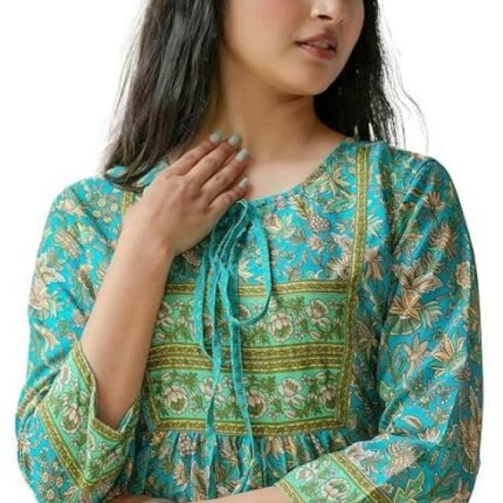 Polyester Women’s Floral Placement 3/4 Sleeve and Keyhole Neck Printed Short Kurti
