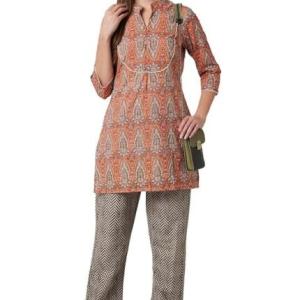 Women’s Cotton Short Kurta with Pants – (Orange)