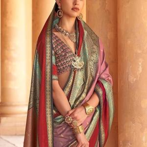 Women’s Woven Design Peacock Print Silk Blend Saree with Unstitched Blouse Piece