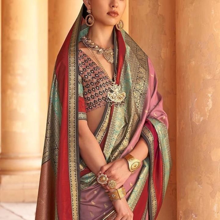Women’s Woven Design Peacock Print Silk Blend Saree with Unstitched Blouse Piece