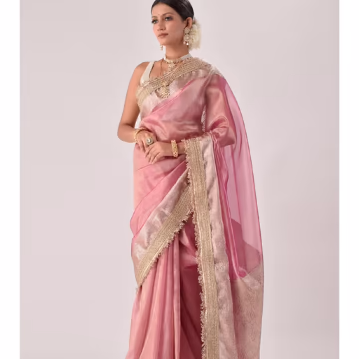 Flamingo Pink Banarasi Tissue Zari Saree with Unstitched Blouse