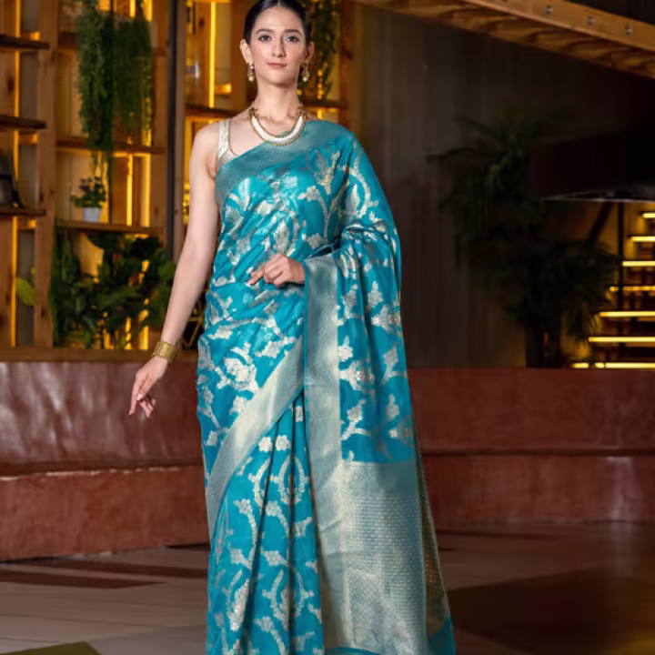Blue Organza Saree with Unstitched Blouse